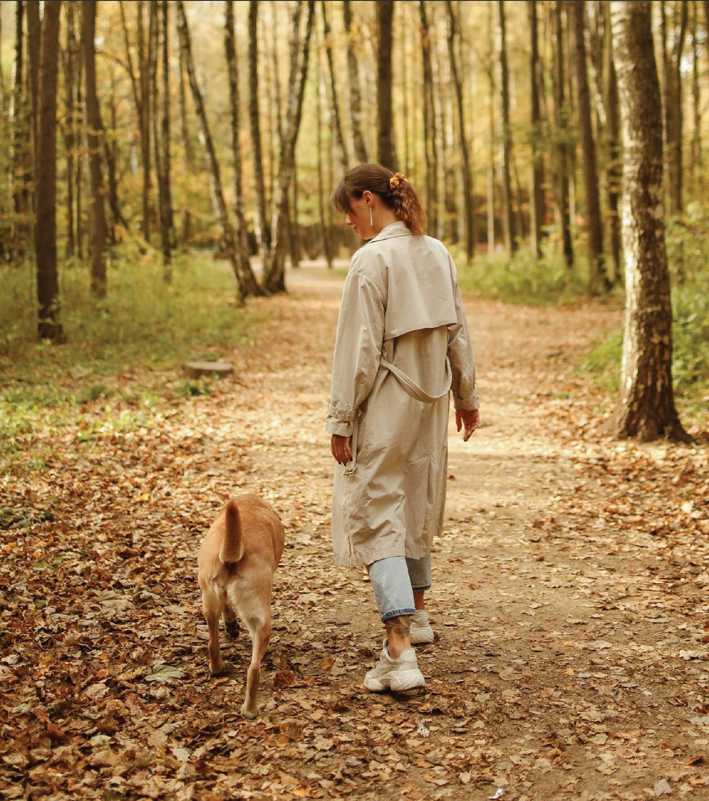 Woman walking her dog in the forest