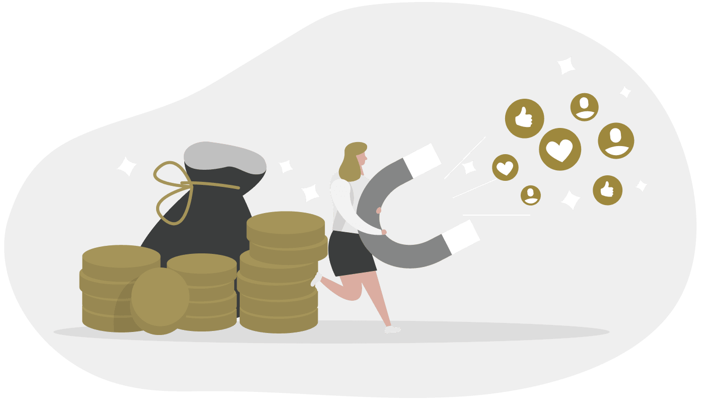 Illustration of a woman next to coins carrying a magnet for social media reactions