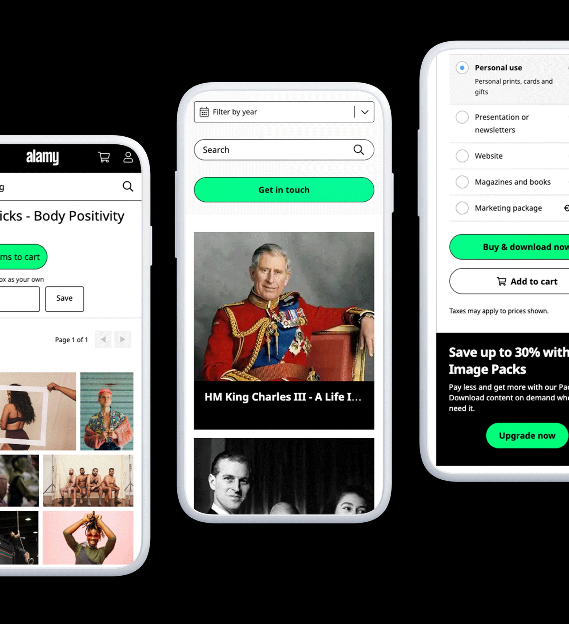 Alamy mobile UI screens