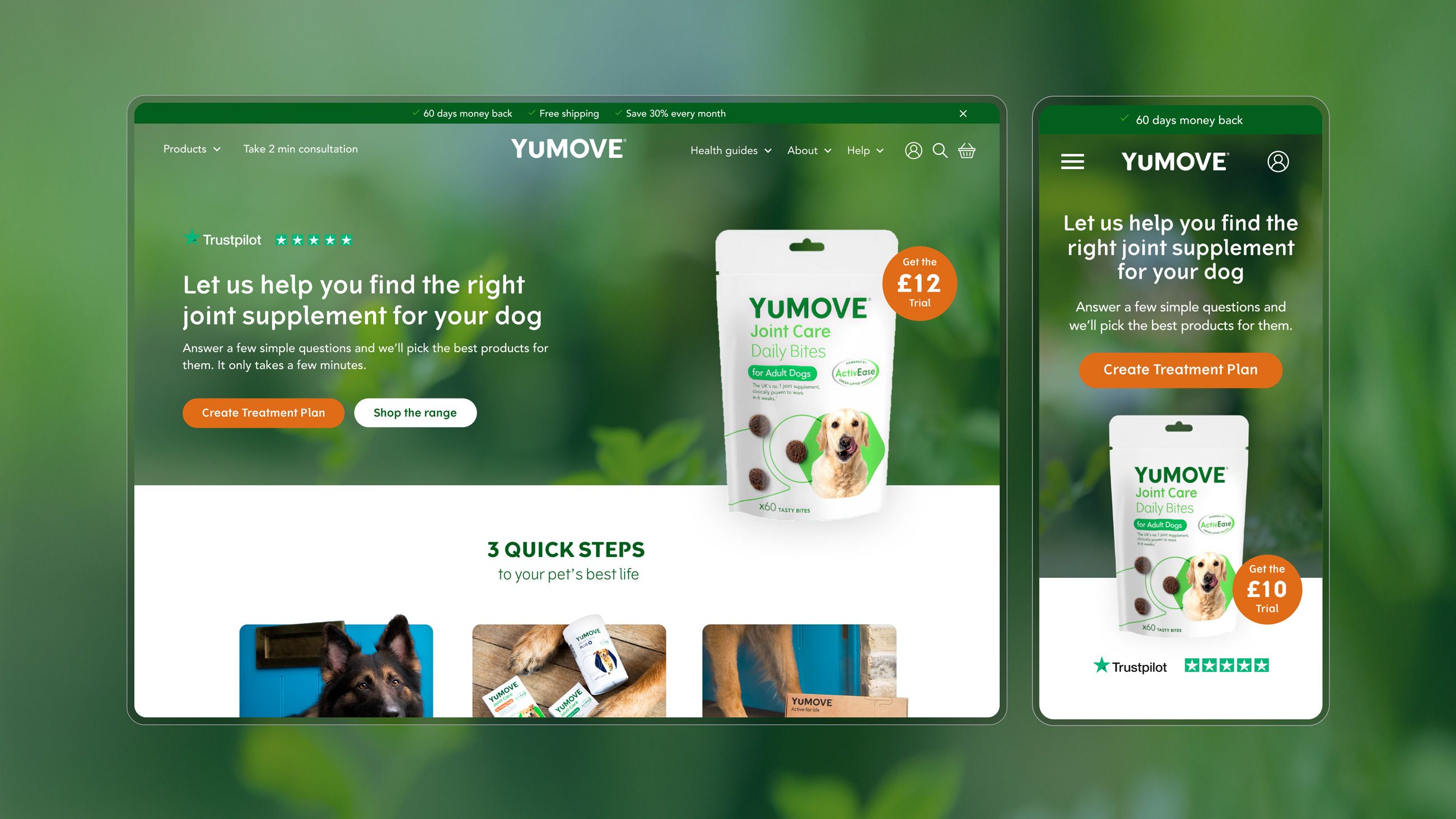 YuMOVE UI screens on desktop and mobile