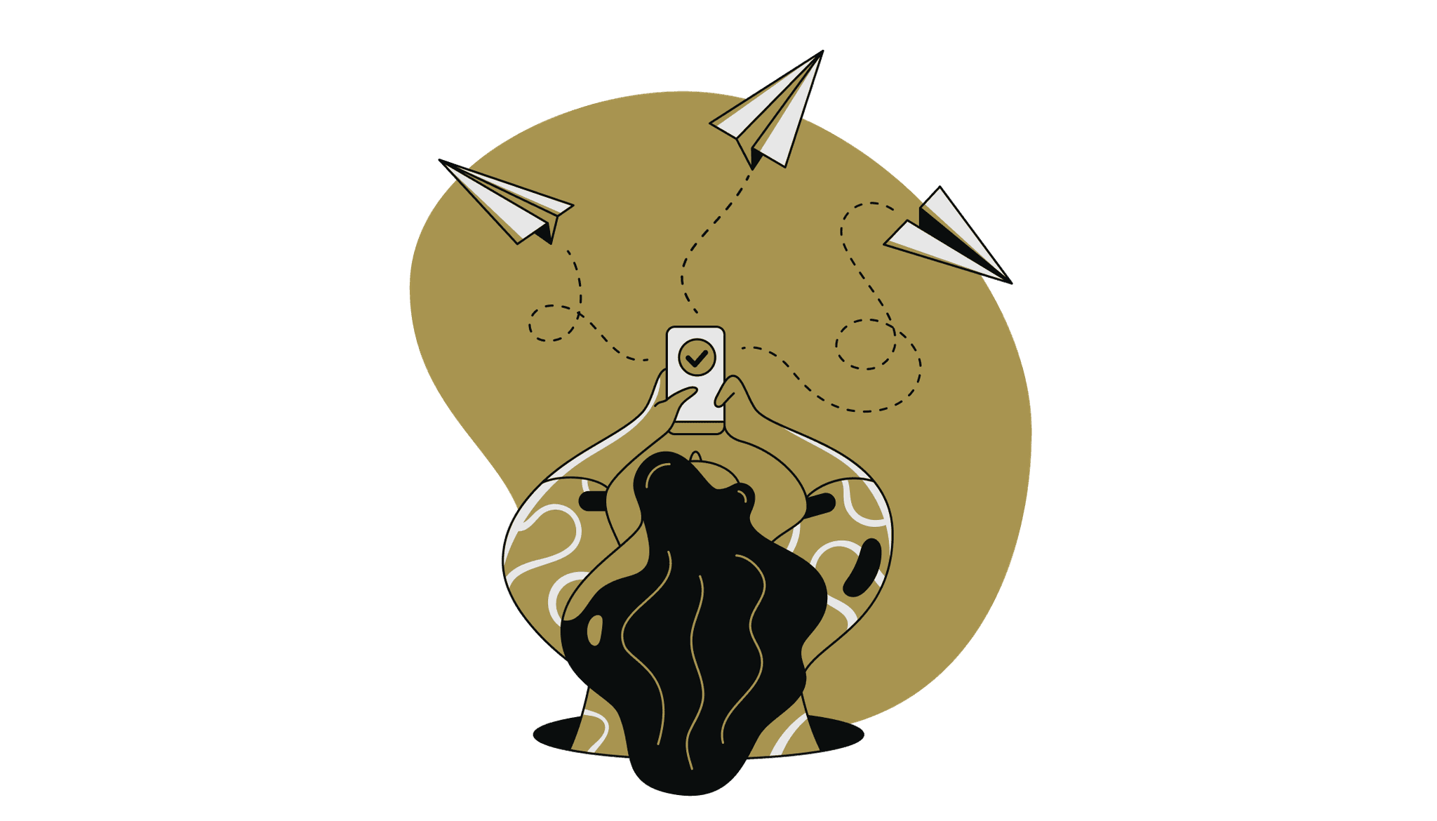 Illustration of person using a phone with paper planes flying out of it