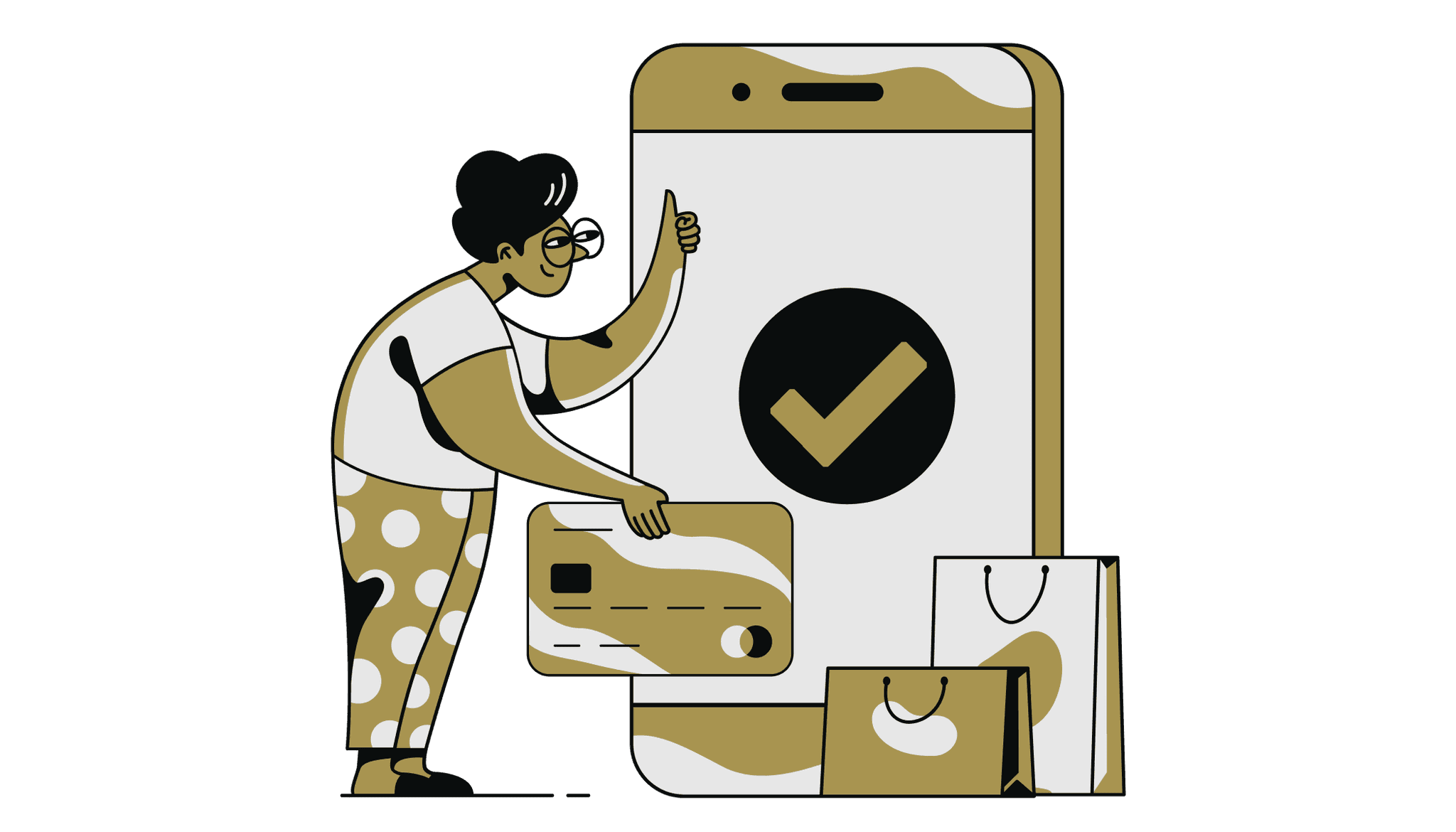 Illustration of woman giving the thumbs up to a large phone