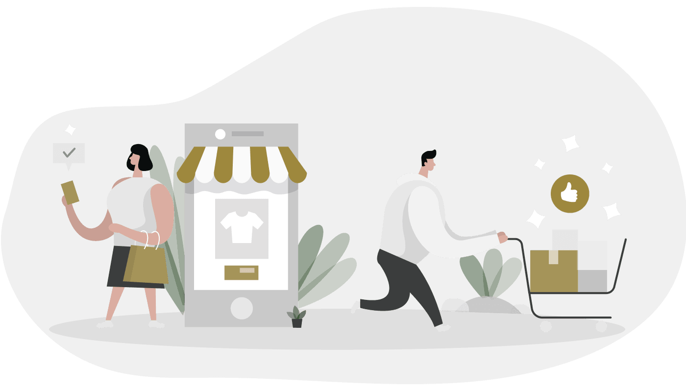 Illustration of man and woman shopping at a digital store